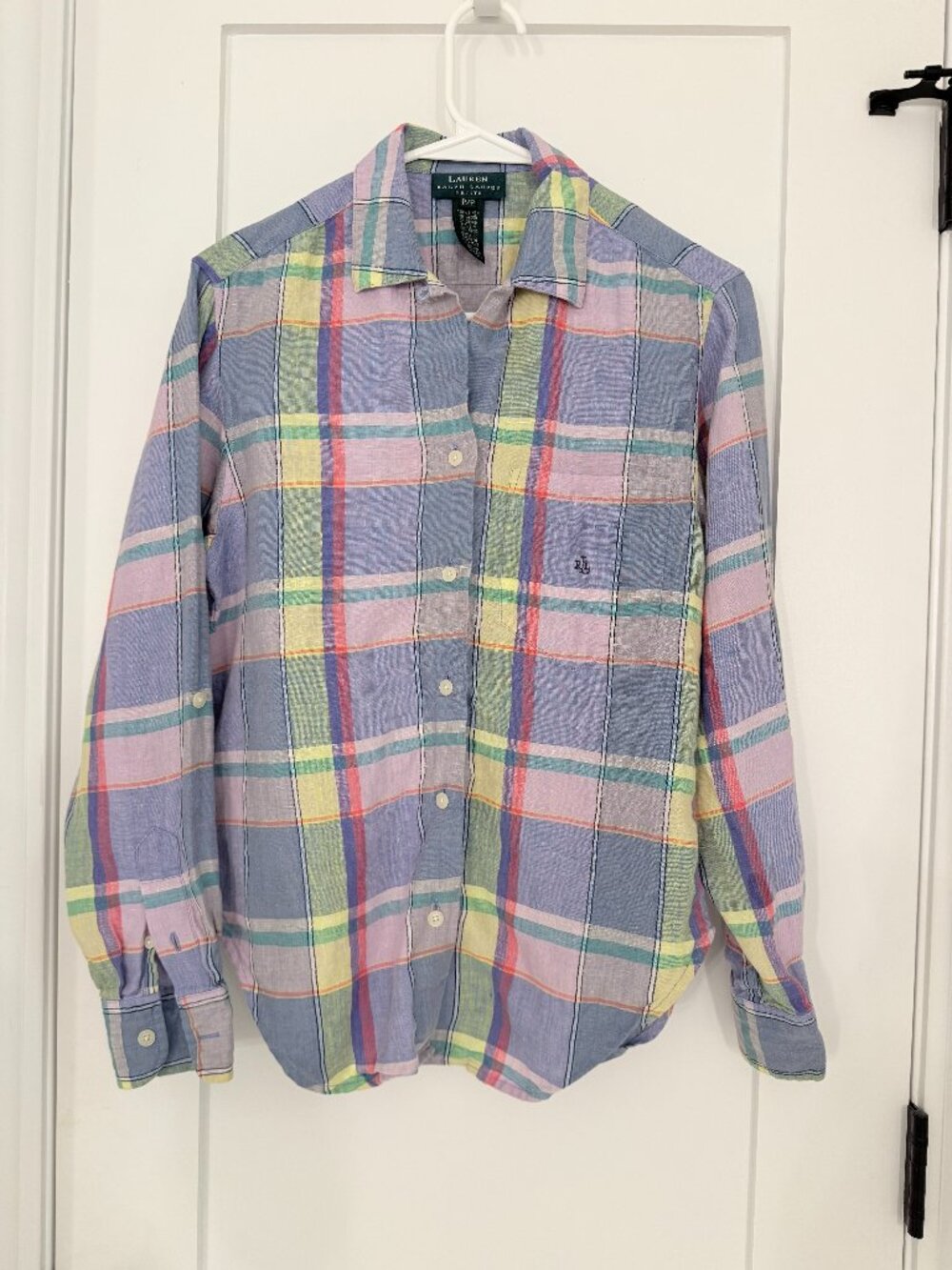Ralph Lauren Lauren Plaid Linen Button Down Shirt, Size S